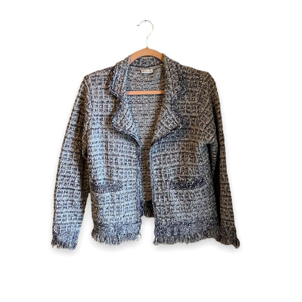 SIONI | Tweed Knit Fringe Sweater/Blazer in Gray/Navy (S)